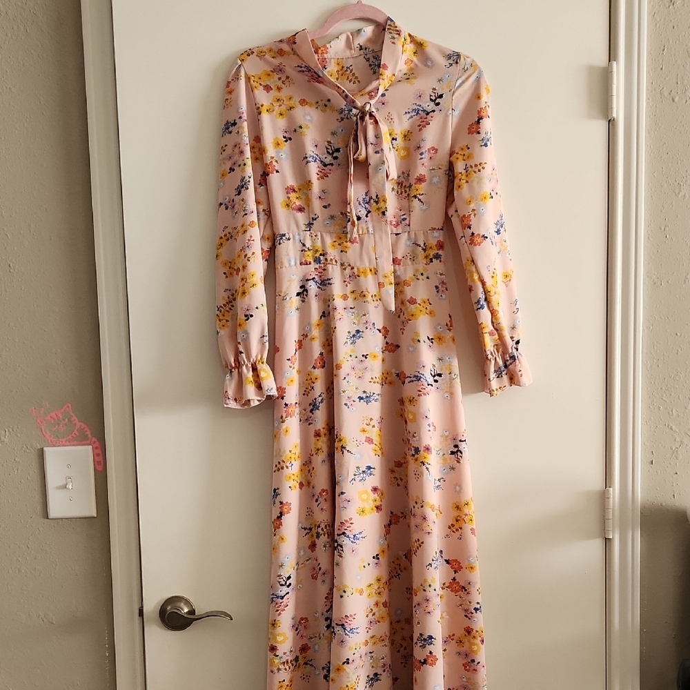 Pink Floral Long Sleeve Dress with Tie Neck | Size S